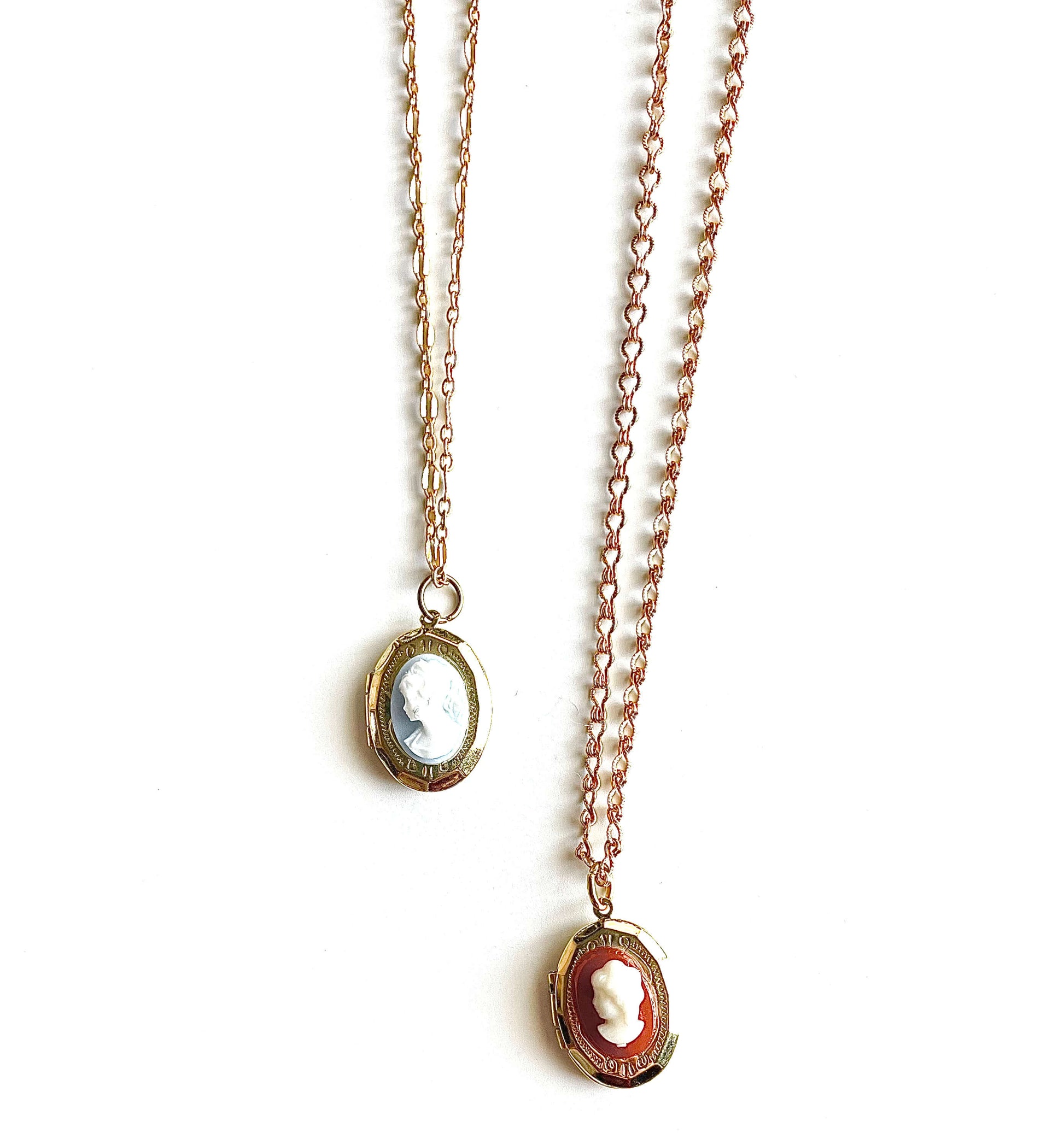 Yellow brass cameo locket necklaces