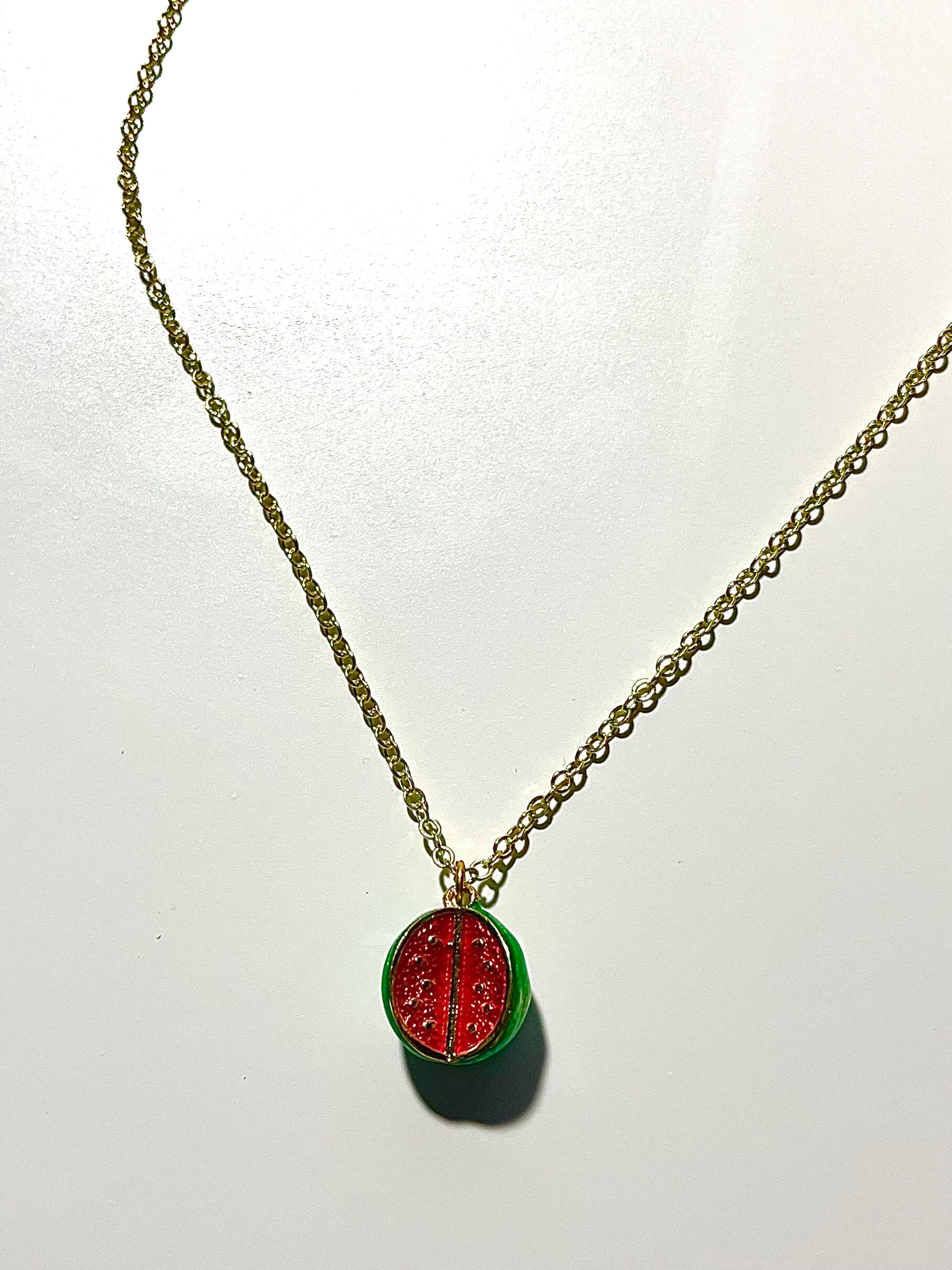 Red and green enamel charm on a yellow brass chain with white background