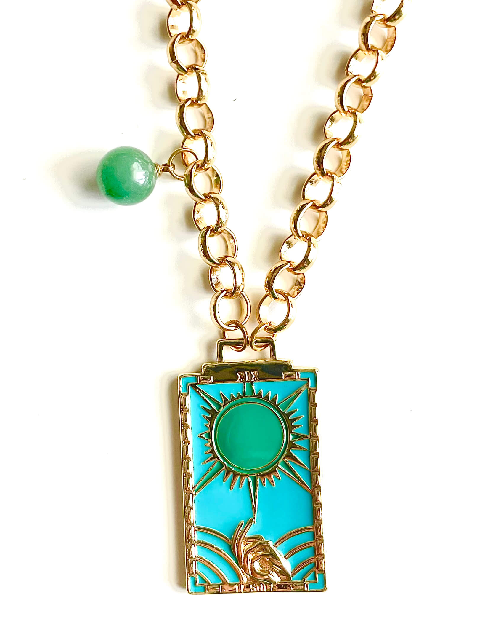 Tarot card pendant with purple glass bead on gold rolo chain