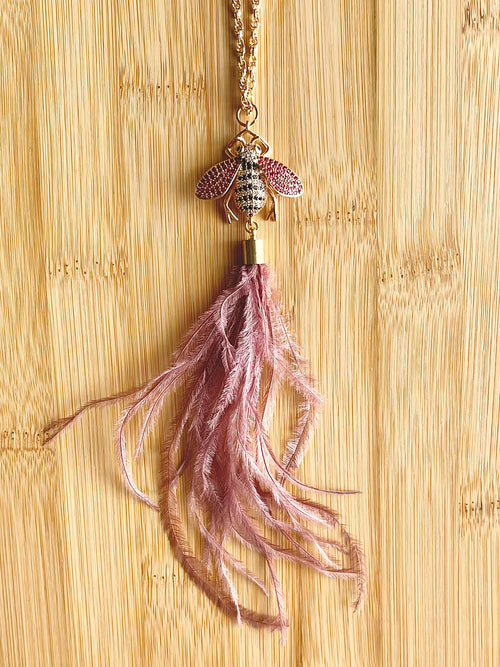 Mauve ostrich feather and crystal bee pendant necklace