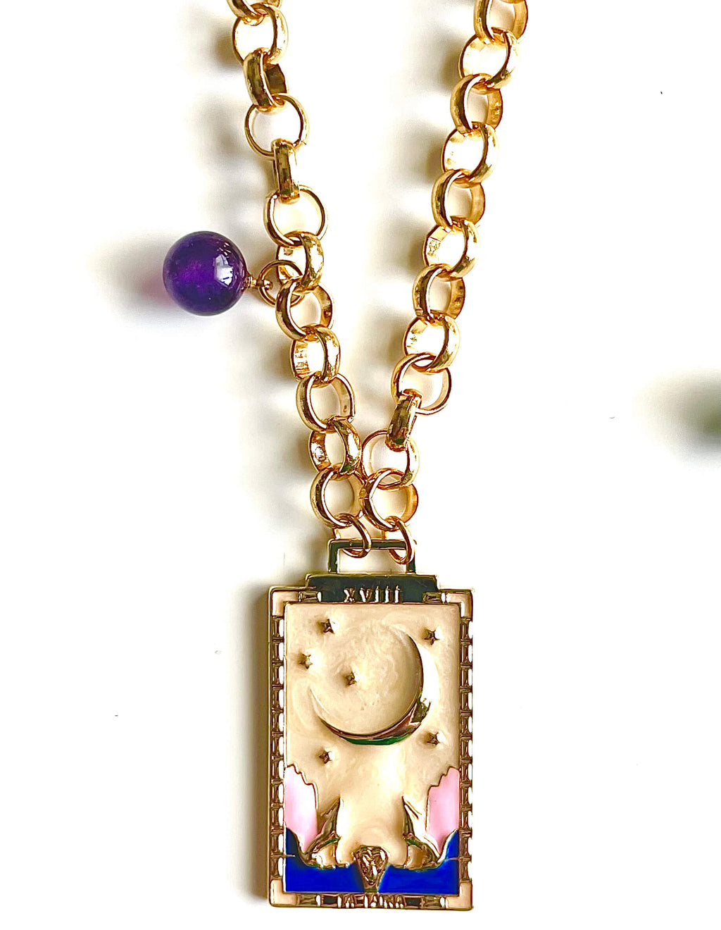 Tarot card pendant with purple glass bead on gold rolo chain