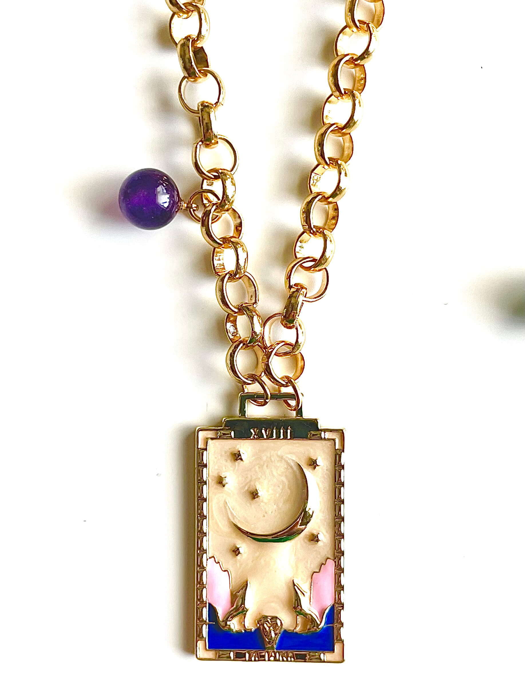 Tarot card pendant with purple glass bead on gold rolo chain